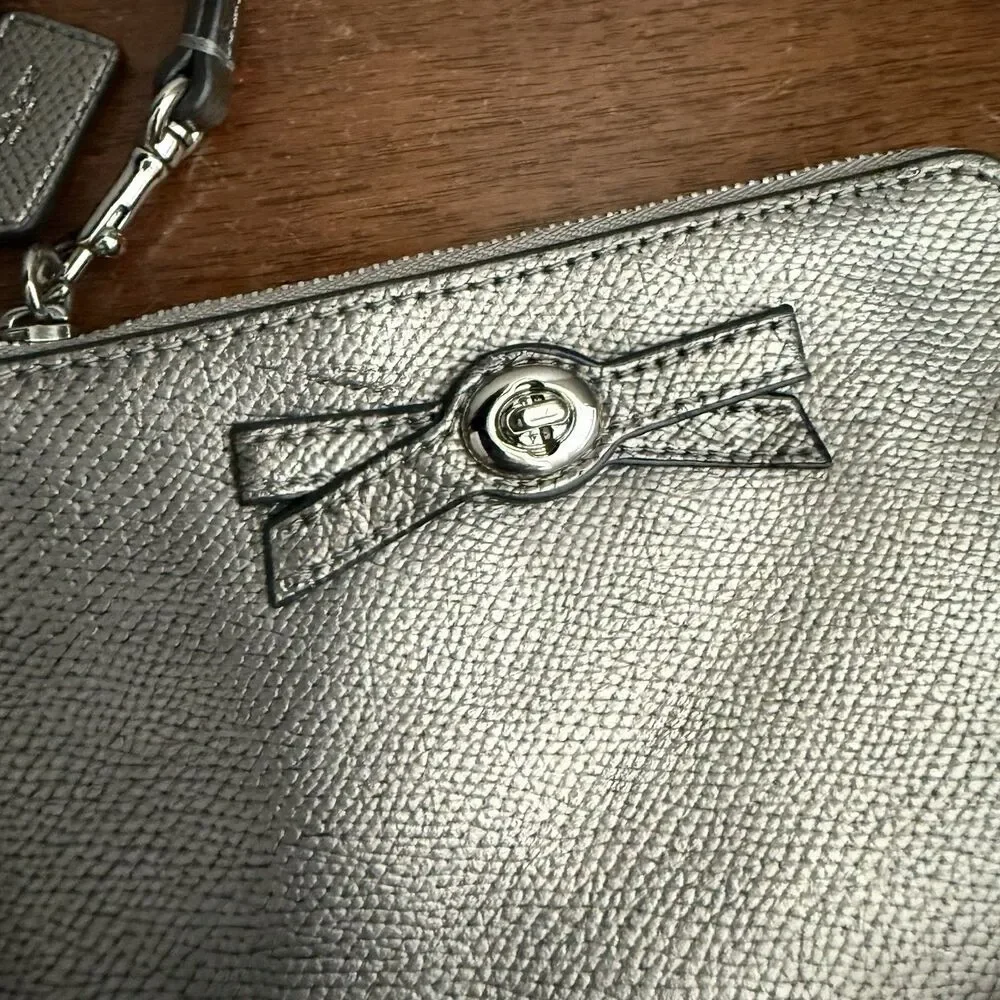 COACH Metallic Gunmetal Silver Leather Wristlet Wallet Clutch